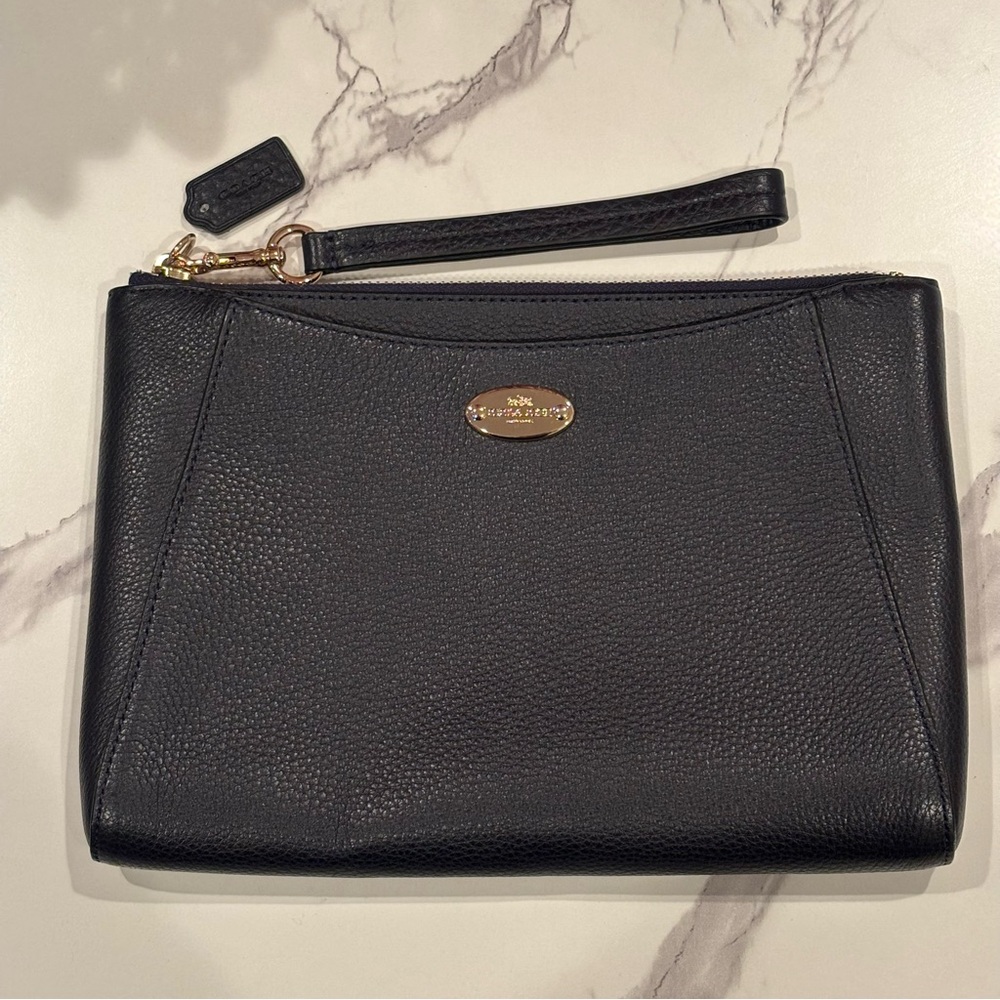 Coach Leather Wristlet Clutch (Dark Navy)